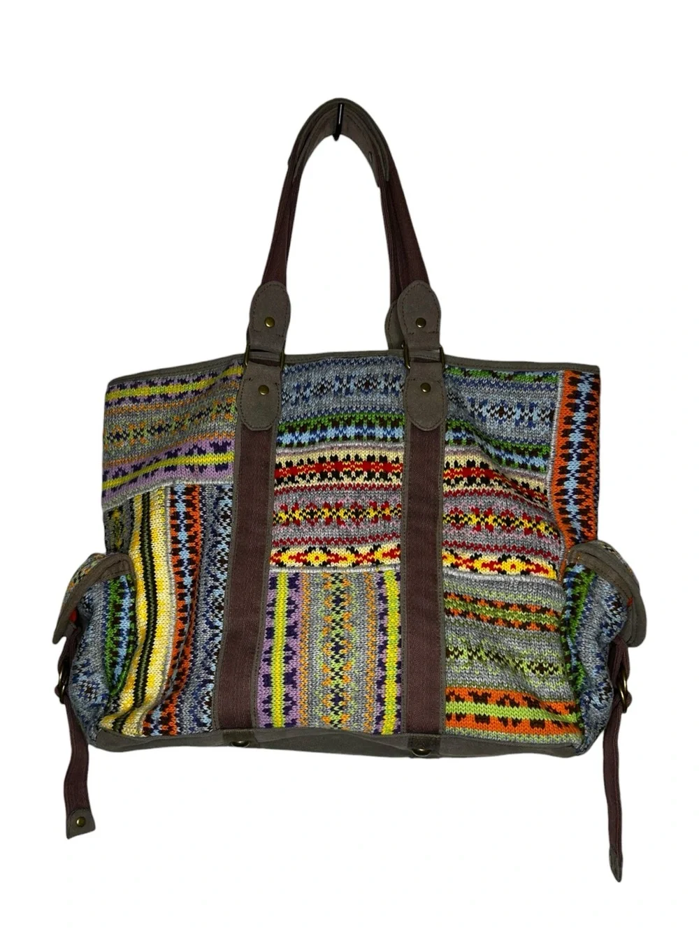 Free People Weekender Woven Tote Bag Boho Tribal Knit Orange Lined OS